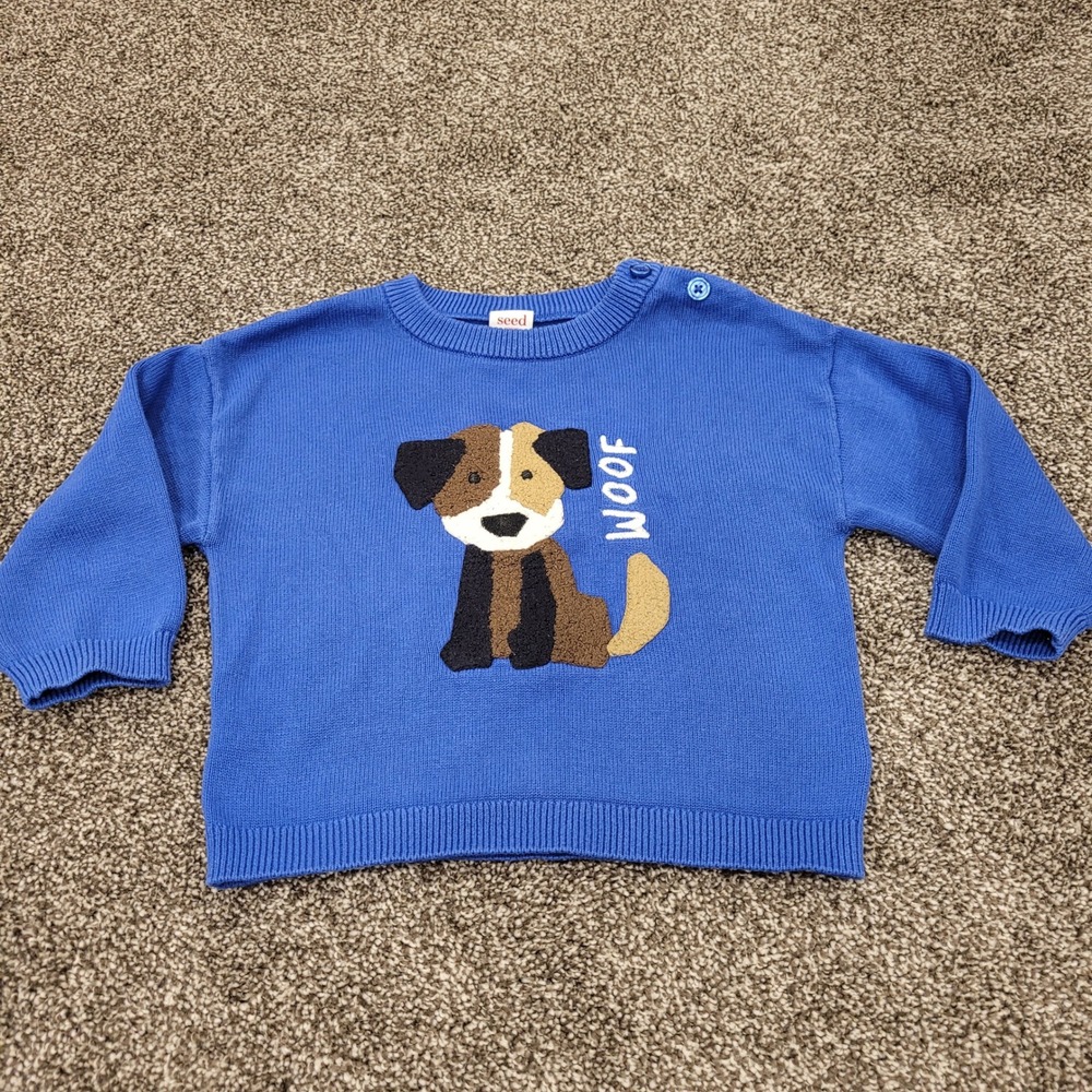 Seed Heritage Baby Blue Cotton Knit Dog Woof Sweater 12-18 Months Pullover